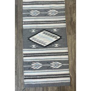Handwoven Mexican Zapotec Style Wool Rug Southwest Gray Black Aztec Decor 62x29"